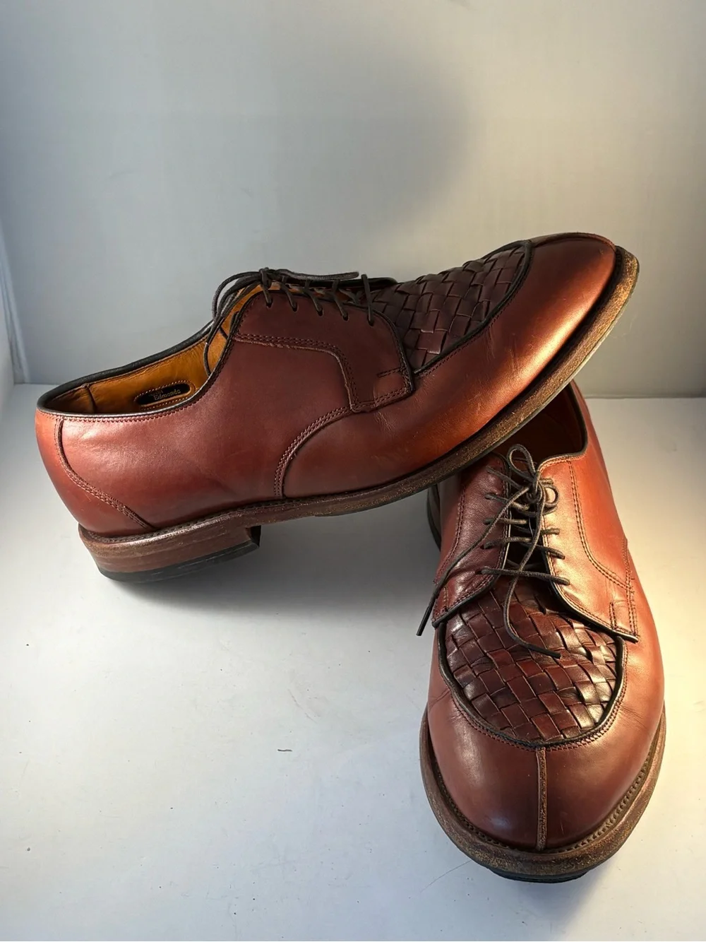 ALLEN EDMONDS Mens 8.5 EEE Hersey Brown Woven Leather Split Toe Lace Up 3160 USA